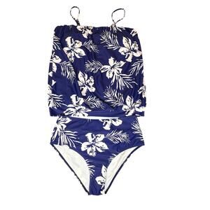 Unbranded Tankini Swimsuit Womens Large Blue White Tropical Two Piece Beach